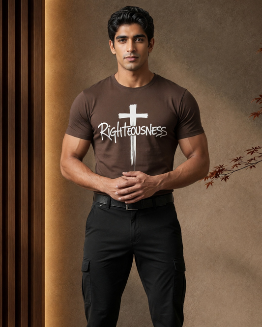 Man wearing a brown t-shirt with a cross and 'Righteousness' text against a brown background