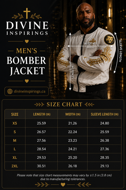 Promotional image of a men's bomber jacket with size chart and branding details.