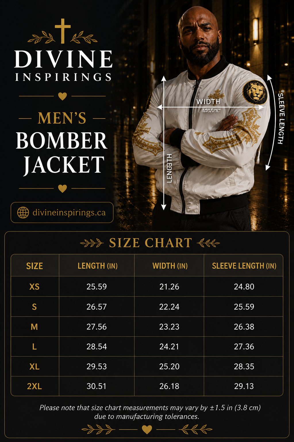 Promotional image of a men's bomber jacket with size chart and branding details.