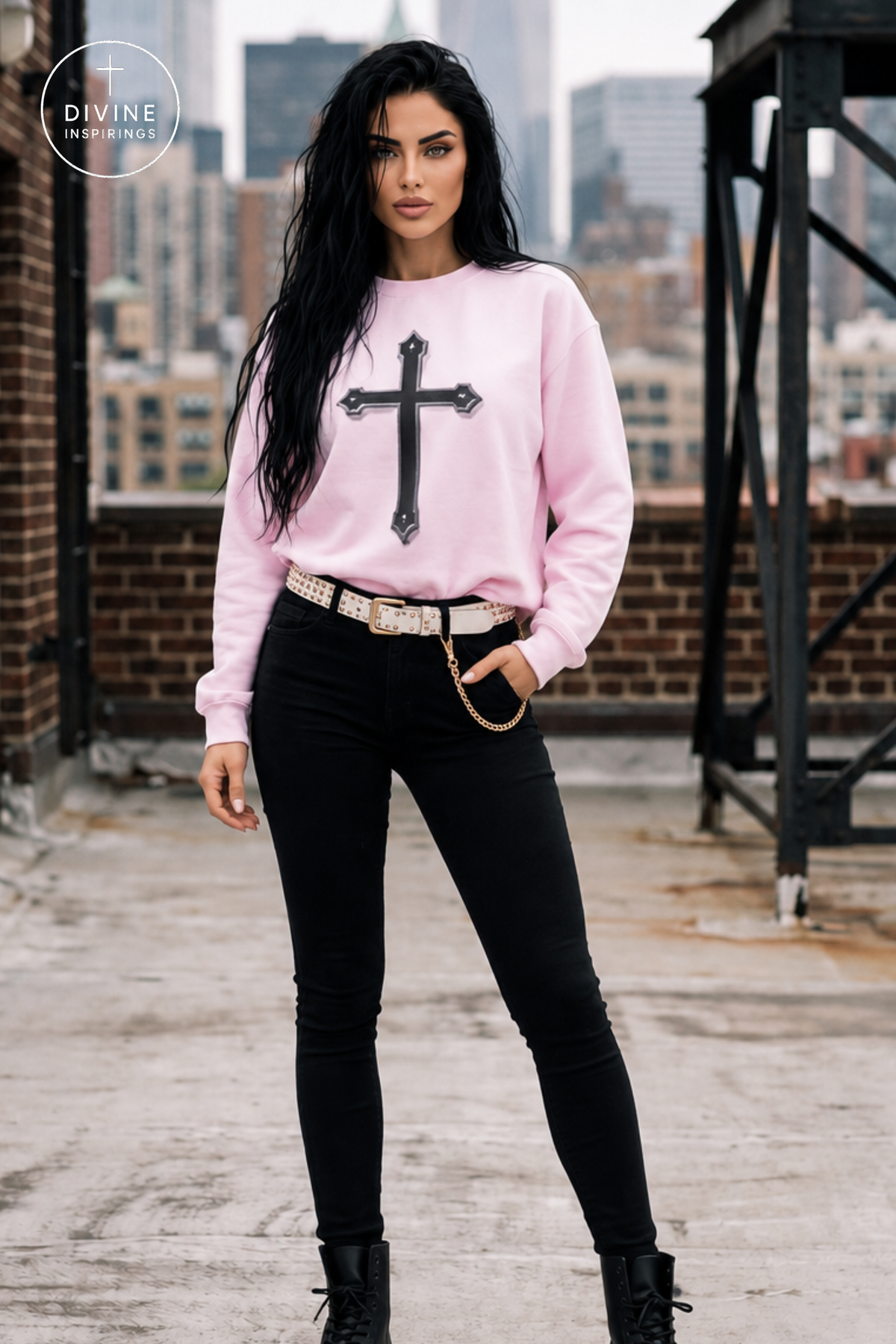 A woman stands on a rooftop wearing a light pink crewneck sweatshirt with a large black cross graphic on the front, paired with black skinny jeans, a white belt, and black boots. The background shows a city skyline and brick buildings.