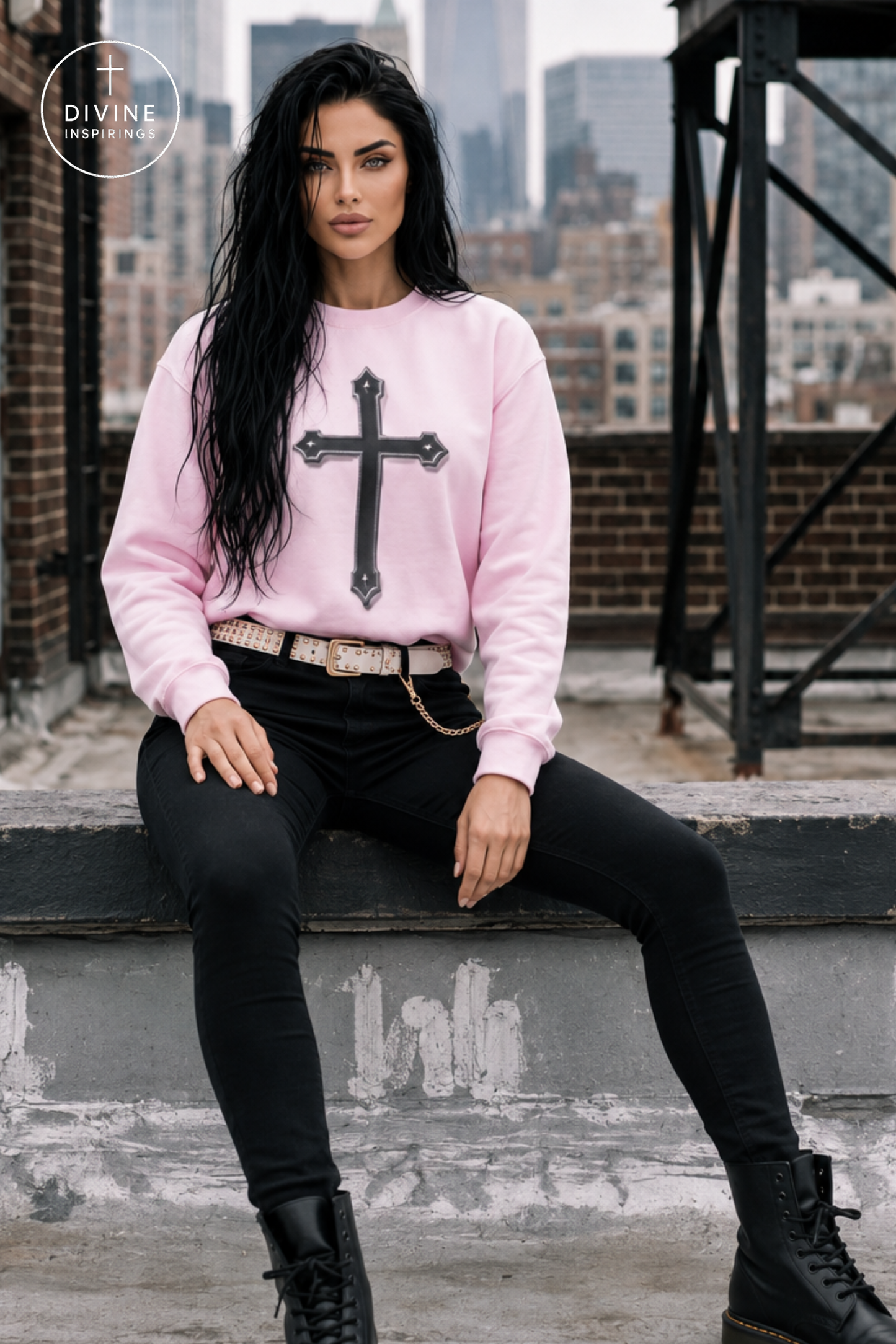 A woman sits on a rooftop ledge wearing a light pink crewneck sweatshirt with a large black cross graphic on the front, paired with black pants and black boots. The background shows a blurred city skyline.
