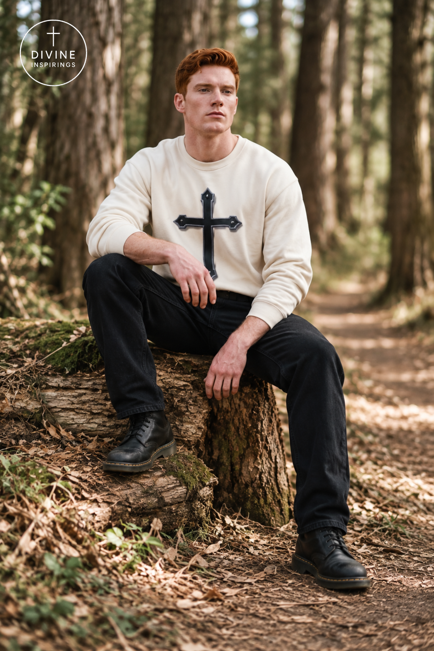 A man with red hair sits on a tree stump in a forest, wearing a cream-colored crewneck sweatshirt with a black cross graphic on the chest, black pants, and black shoes. The Divine Inspirings logo is visible in the top left corner.