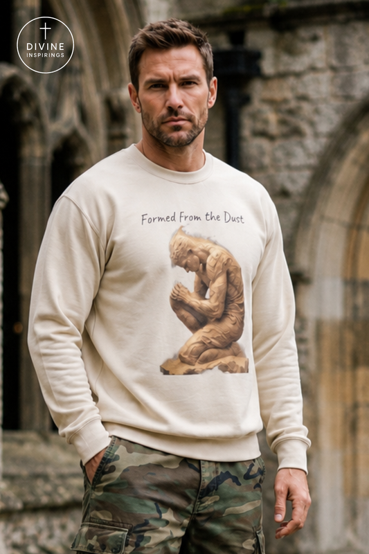 A man wearing a cream-colored crewneck sweatshirt with a graphic of a kneeling statue and the text 'Formed From The Dust', paired with camouflage cargo pants, set against a stone archway background.