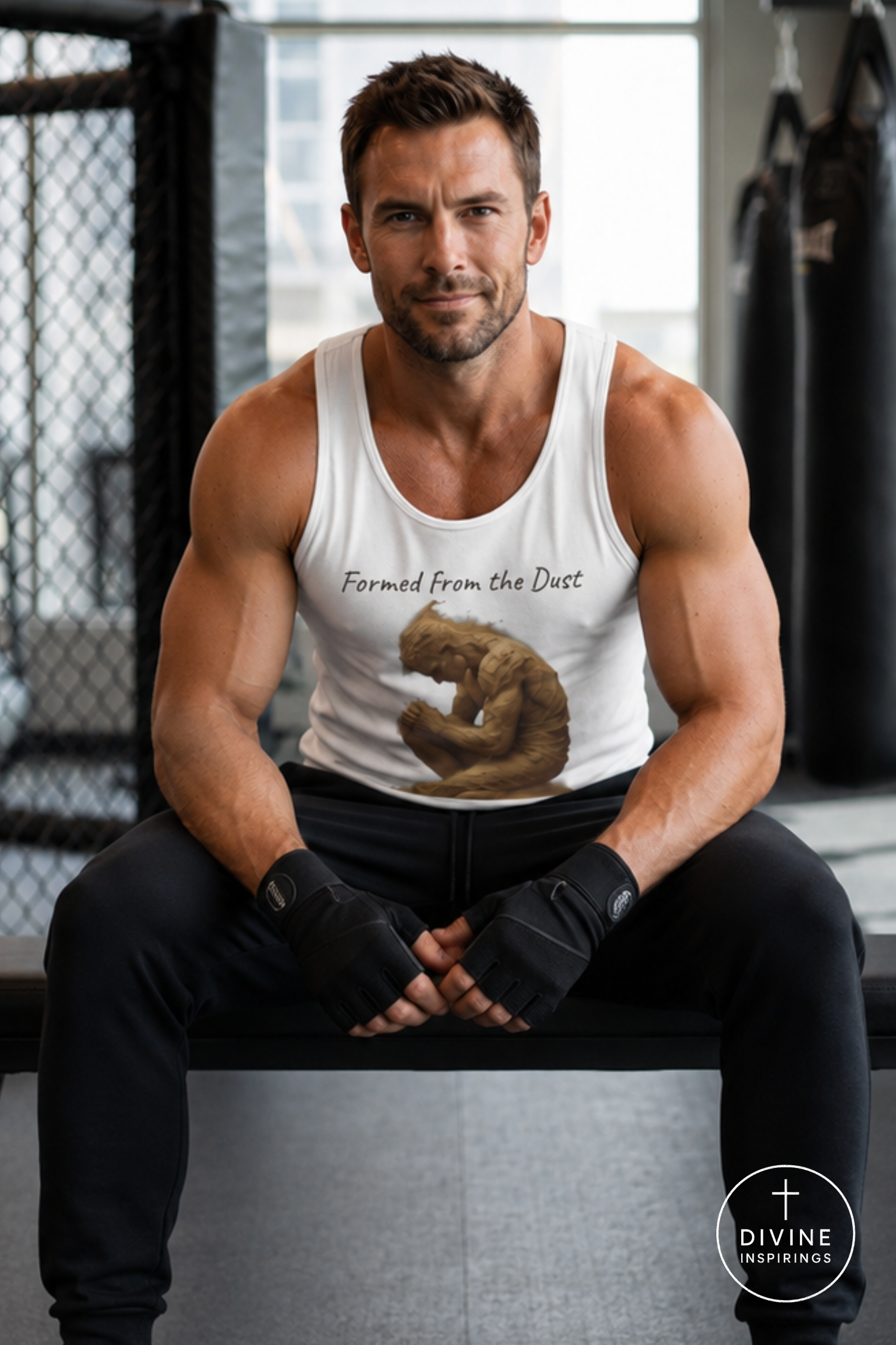 A muscular man in a gym setting wearing a white tank top with a graphic of a praying Buddha and the text 'Formed From The Dust'. He is wearing black workout pants and fingerless gloves, sitting on a bench.