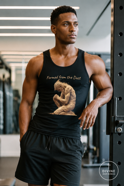 A muscular man in a gym wearing a black tank top with a graphic of a praying figure and the text 'Formed from the Duct', paired with black athletic shorts. A 'Divine Inspirings' logo is visible in the bottom right corner.