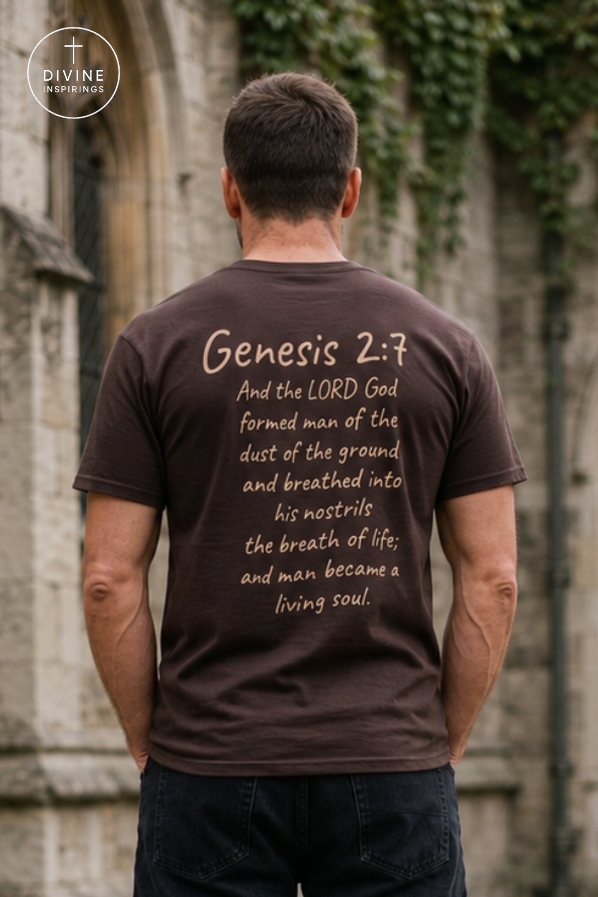 A man viewed from behind wearing a dark brown t-shirt with a beige Bible verse printed on the back, standing in front of a stone wall with green ivy.