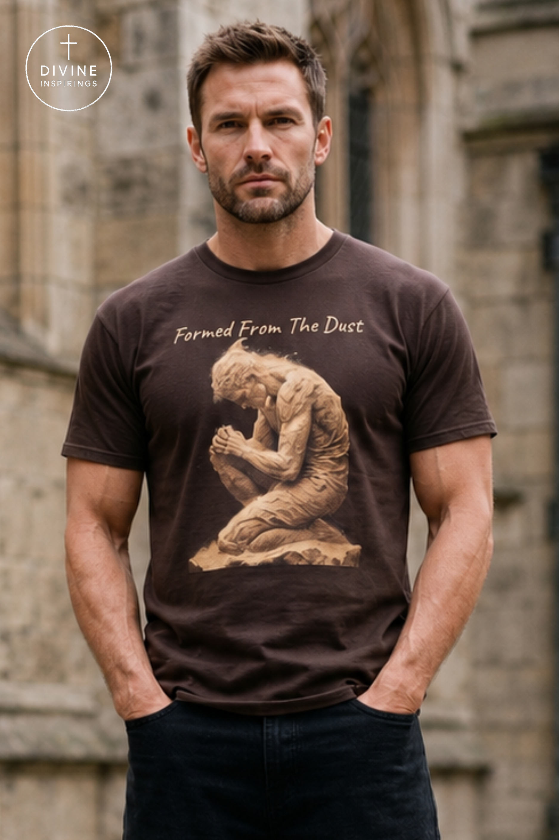 A man wearing a dark brown t-shirt with a sepia-toned graphic of a kneeling classical statue and the text 'Formed From The Dust'. The background is a blurred stone building, and a 'DIVINE INSPIRINGS' logo is visible in the top left corner.