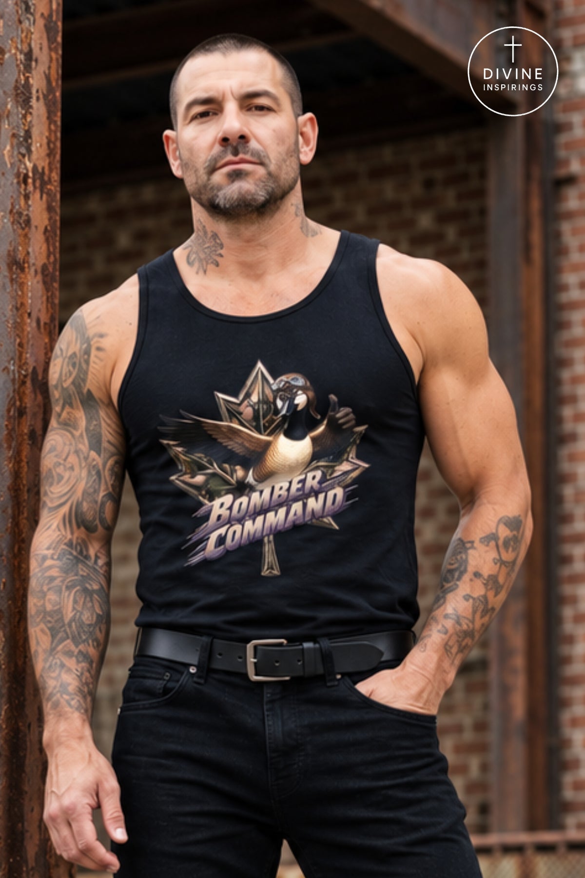A muscular man with tattoos wears a black tank top featuring a bomber plane graphic and the text 'Bomber Command' in a stylized font. The background shows a rustic brick and wood structure.