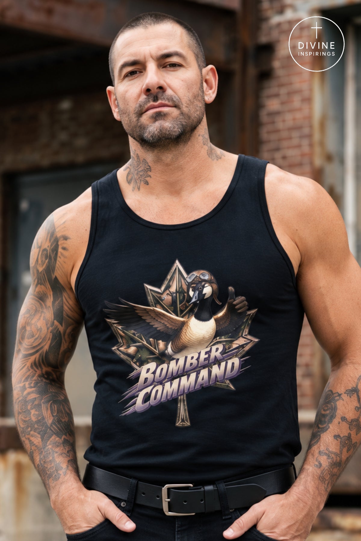 A muscular man with tattoos wearing a black tank top featuring a graphic of a goose and the words 'Bomber Command'. The background shows an industrial brick wall.