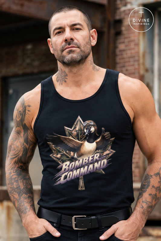 A muscular man with tattoos wearing a black tank top featuring a graphic of a goose and the words 'Bomber Command'. The background shows an industrial brick wall.