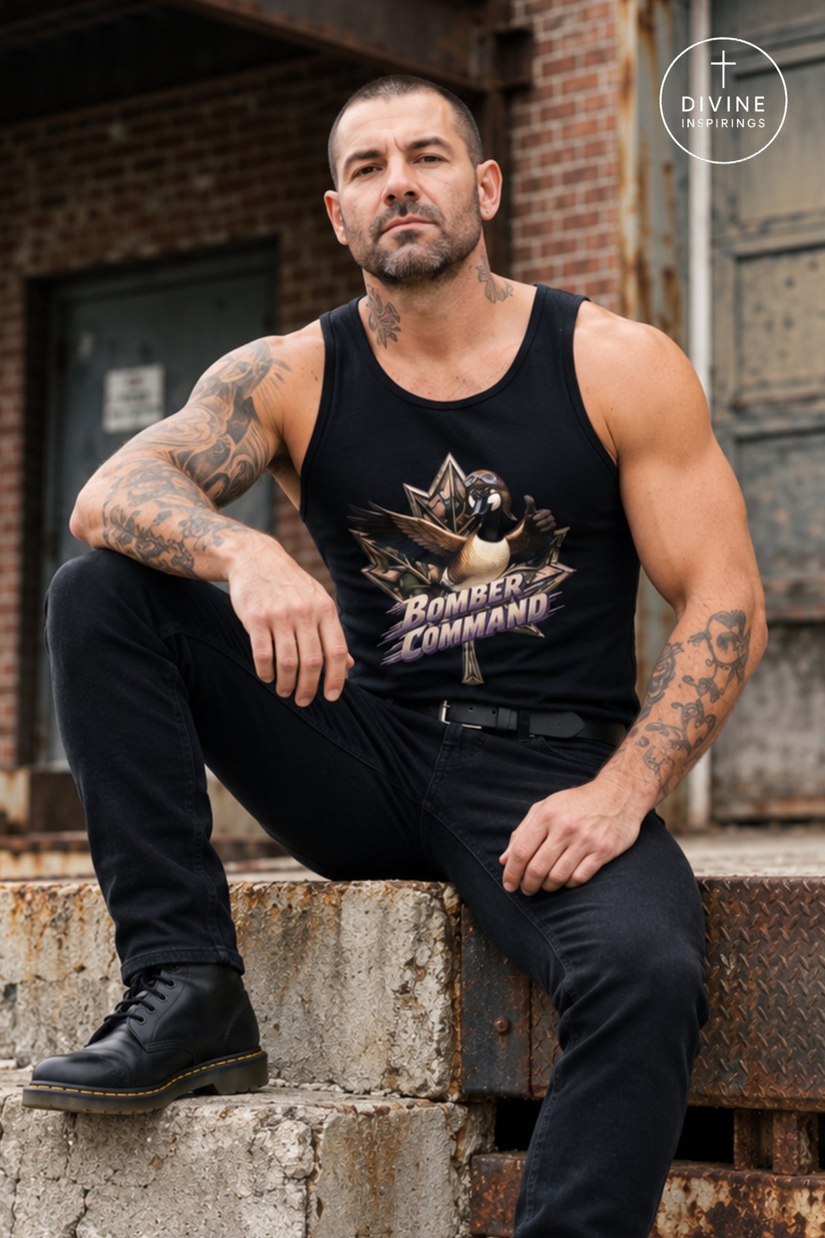 A muscular man with tattoos sits on concrete steps in front of a brick building, wearing a black tank top with a 'Bomber Command' graphic and black pants. A circular 'Divine Inspirings' logo is visible in the top right corner.