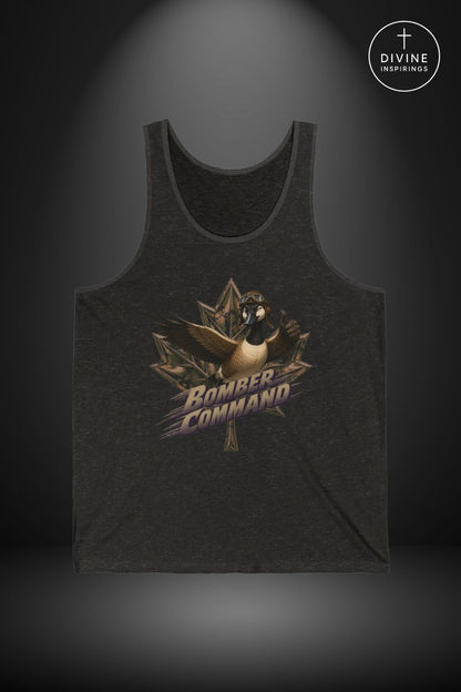A dark charcoal gray heathered tank top featuring a graphic of a fighter jet and a maple leaf with the text 'Bomber Command' in a stylized font. The tank top is displayed against a dark gray background with a spotlight effect, and a 'Divine Inspirings' logo is visible in the top right corner.