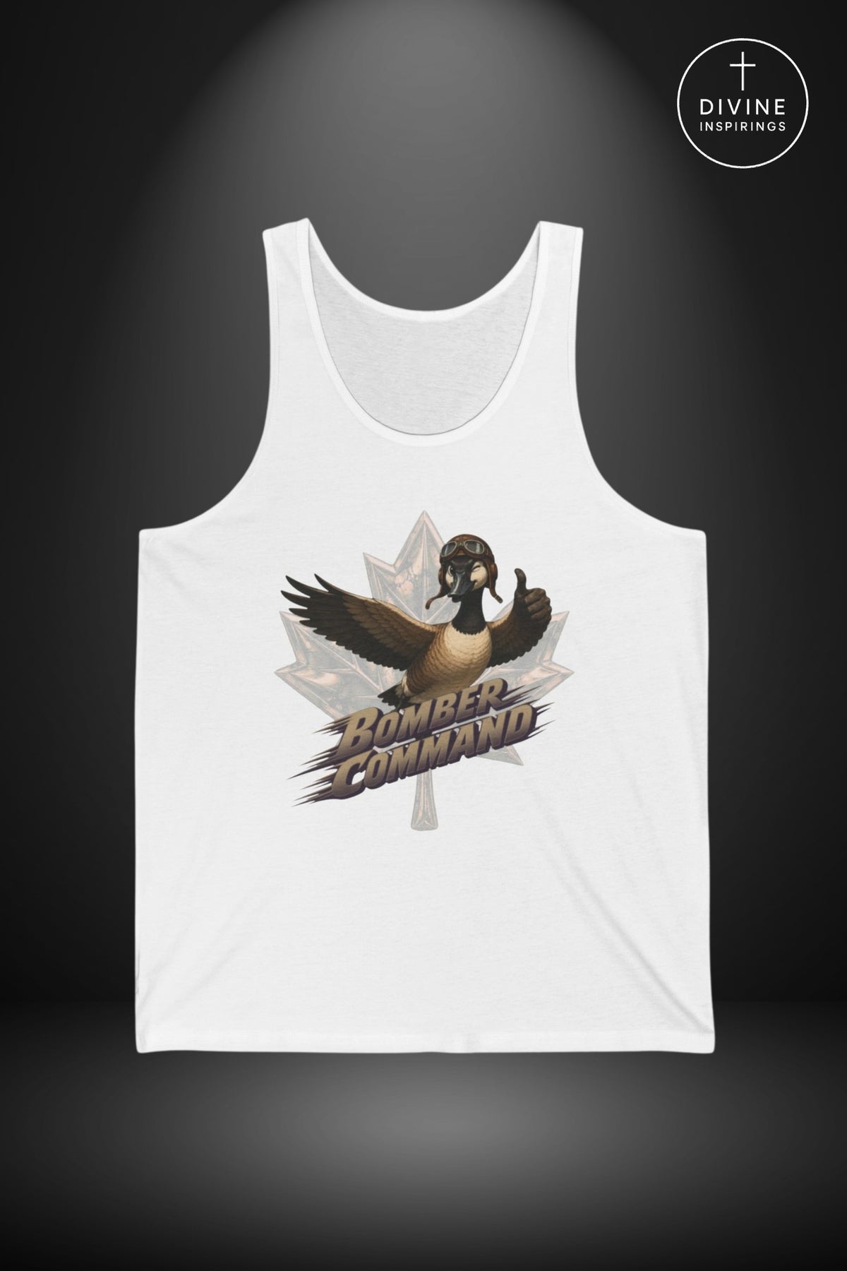 A white sleeveless tank top displayed against a dark gray gradient background. The front of the tank top features a graphic of a goose in front of a maple leaf with the text 'Bomber Command' in a stylized font.