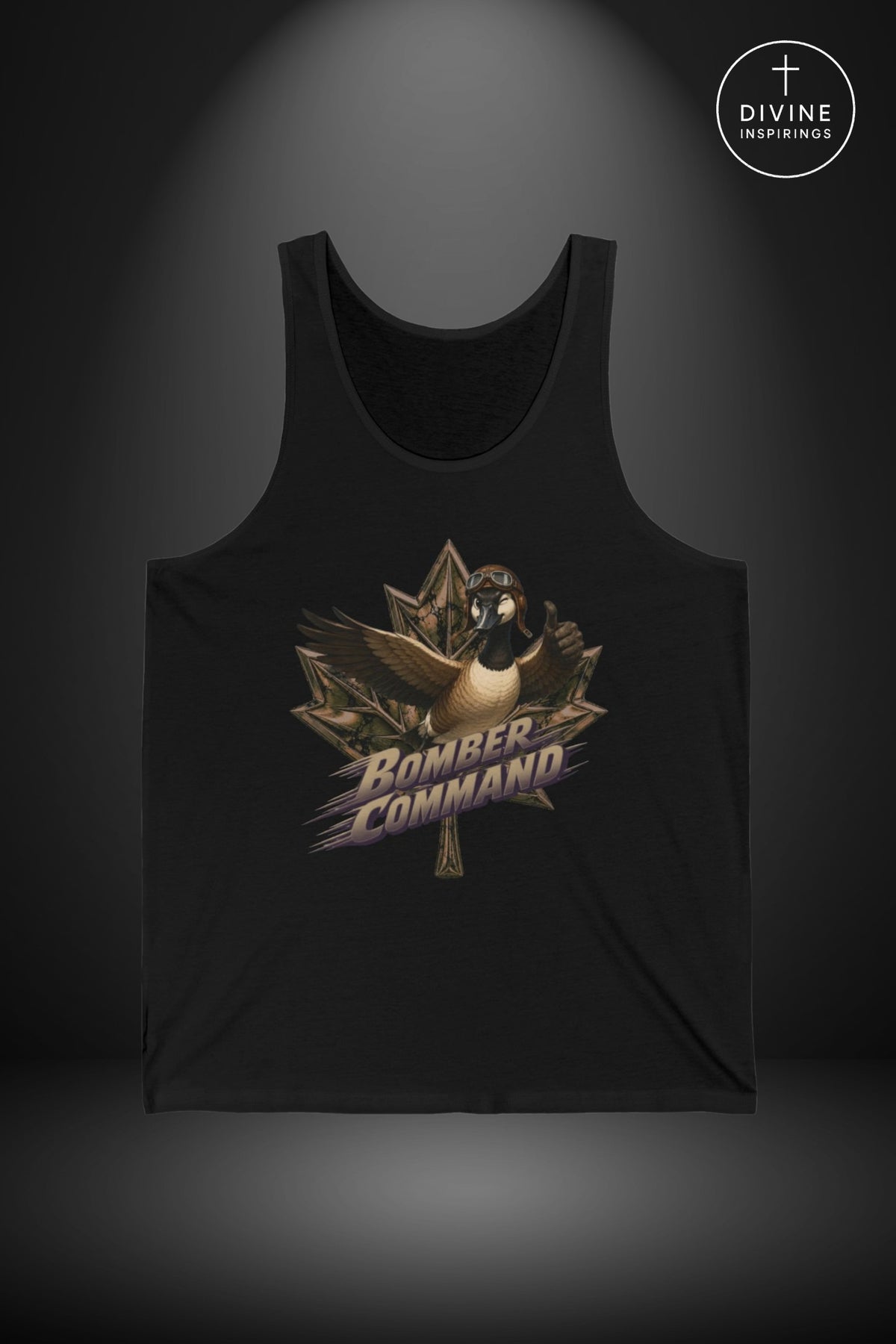 A black sleeveless tank top displayed against a dark gray gradient background. The front of the tank top features a graphic of a goose wearing a helmet and goggles, layered over a golden maple leaf, with the text 'BOMBER COMMAND' in stylized lettering.