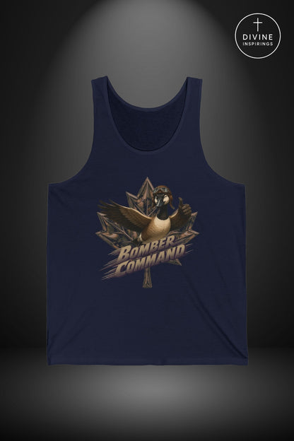 A navy blue tank top with a graphic print of a goose wearing a bomb defusal helmet and the words 'BOMBER COMMAND' over a maple leaf, displayed on a dark gray background with a spotlight effect. A circular 'DIVINE Inspirings' logo is in the top right corner.