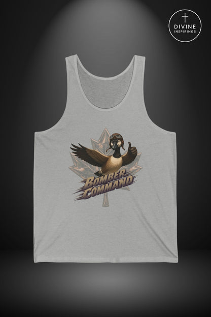 A light gray sleeveless tank top with a graphic of a goose over a maple leaf and the words 'Bomber Command,' shown on a dark gray background with a 'Divine Inspirings' logo in the top right corner.
