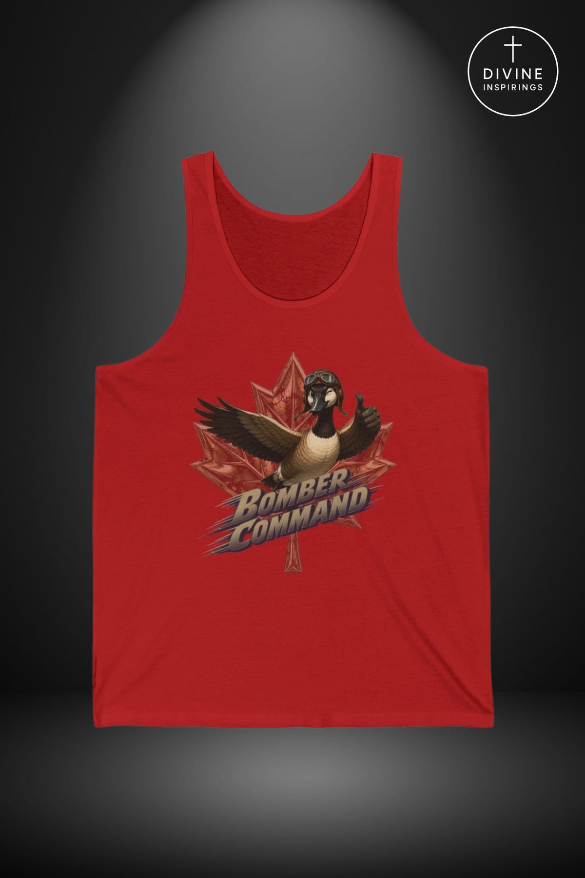A red sleeveless tank top displayed against a dark gray gradient background. The front of the tank top features a graphic of a goose over a red maple leaf with the words 'Bomber Command' in stylized lettering.