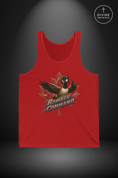 A red sleeveless tank top displayed against a dark gray gradient background. The front of the tank top features a graphic of a goose over a red maple leaf with the words 'Bomber Command' in stylized lettering.