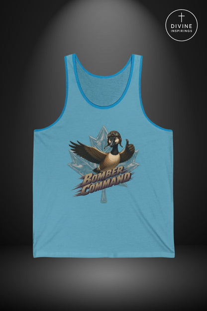 A light blue sleeveless tank top with a graphic of a goose over a maple leaf and the words 'Bomber Command,' shown on a dark gray background with a spotlight effect. A circular 'Divine Inspirings' logo appears in the top right corner.