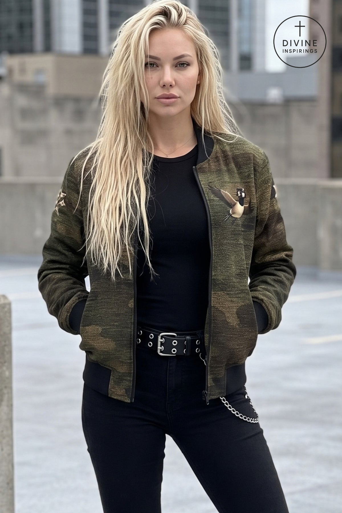 A blonde woman wearing a camouflage bomber jacket with a small cross patch on the chest, styled over a black top and black pants, standing outdoors with a city background. A circular 'DIVINE INSPIRINGS' logo is visible in the top right corner.
