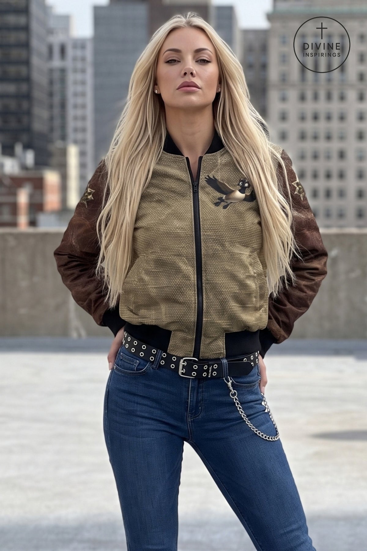A blonde woman wearing a brown and tan bomber jacket with a black raven graphic on the chest, styled with blue jeans and a studded belt, standing on a rooftop with a city skyline in the background.