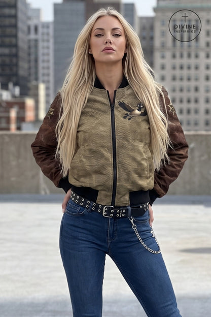 A blonde woman wearing a brown and tan bomber jacket with a black raven graphic on the chest, styled with blue jeans and a studded belt, standing on a rooftop with a city skyline in the background.