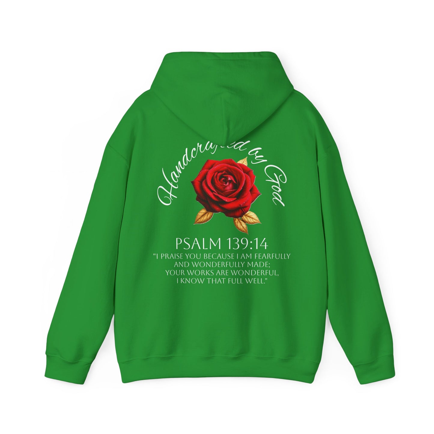 Handcrafted by God Rose Hoodie – White Lettering, Psalm 139:14