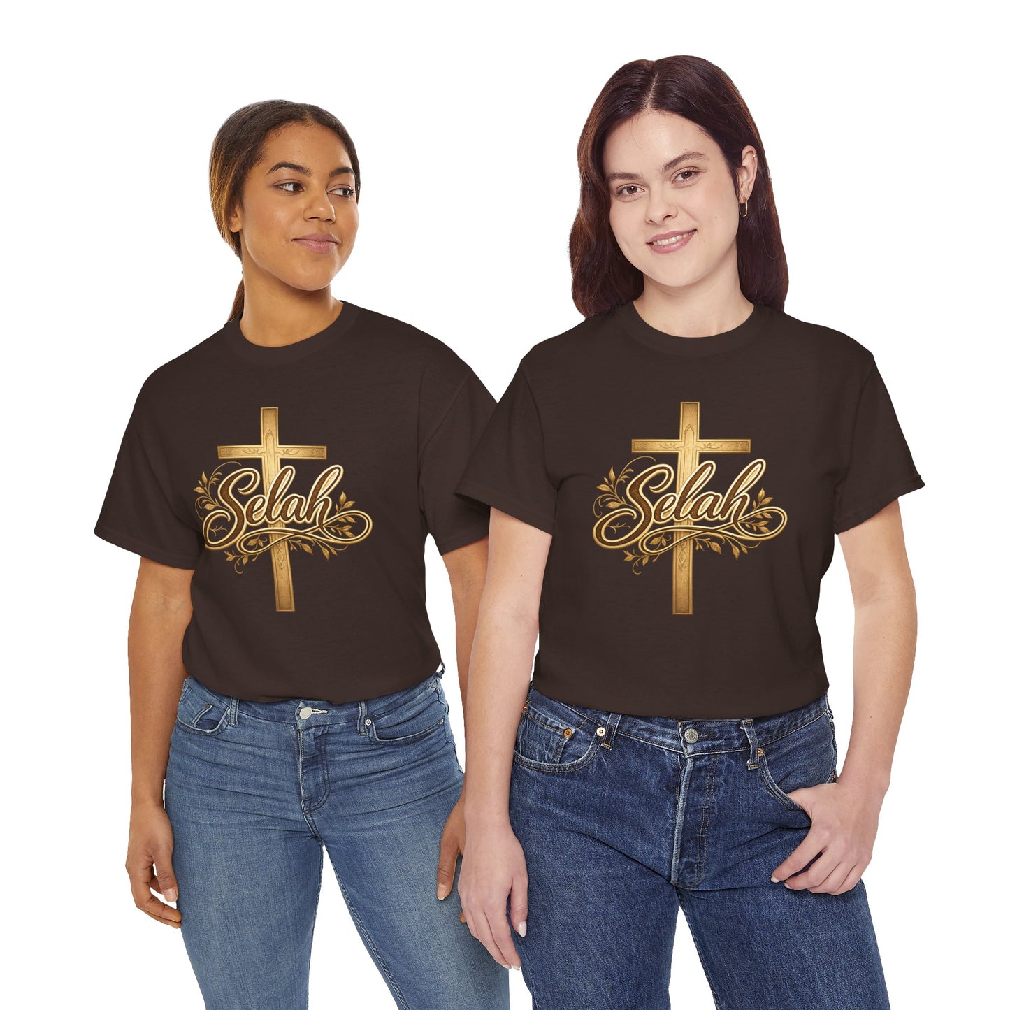 Selah Cross Tee — Women's Christian T‑Shirt with Gold Script