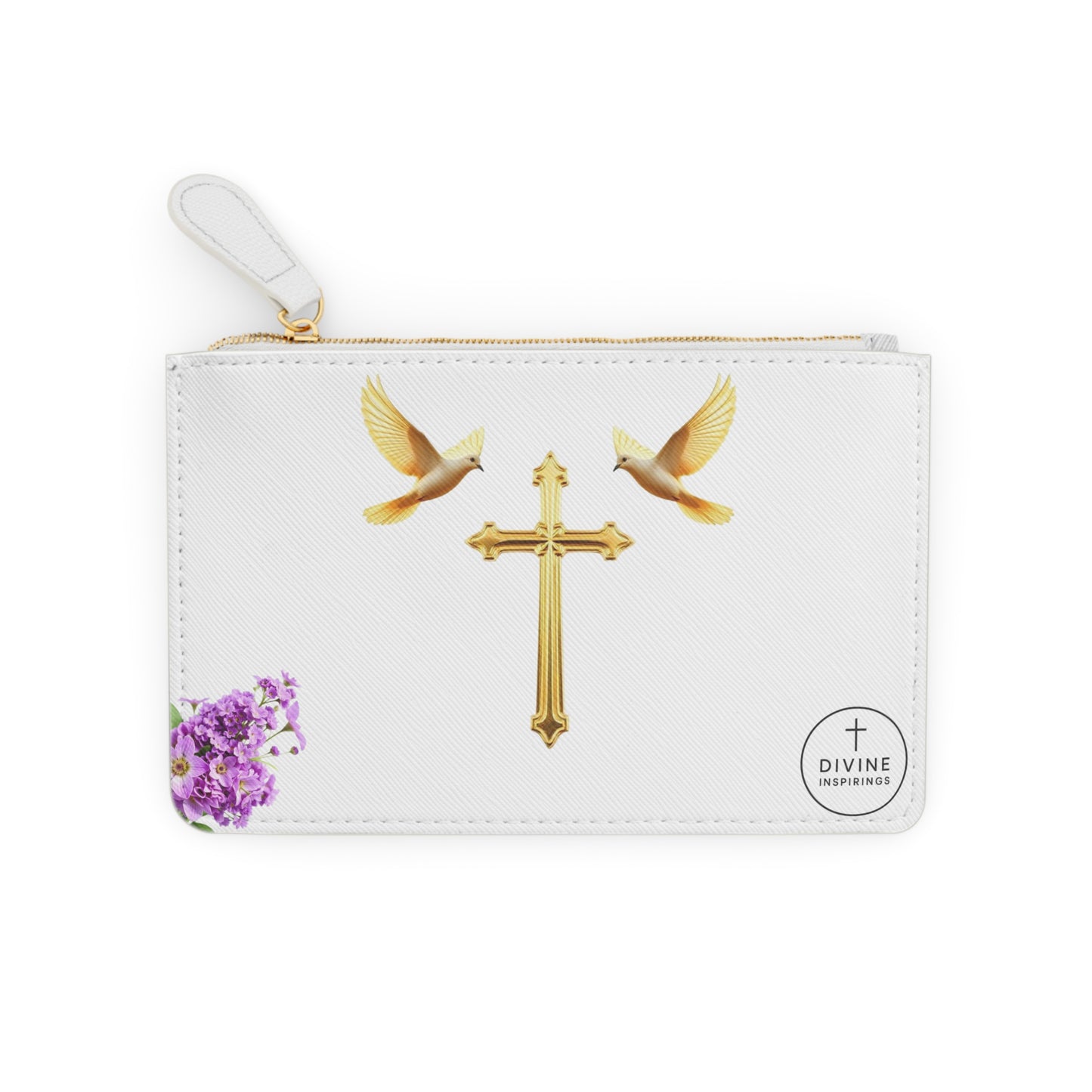 “Heaven’s Embrace” | Women’s Mini Clutch – Gold Cross with Flying Doves