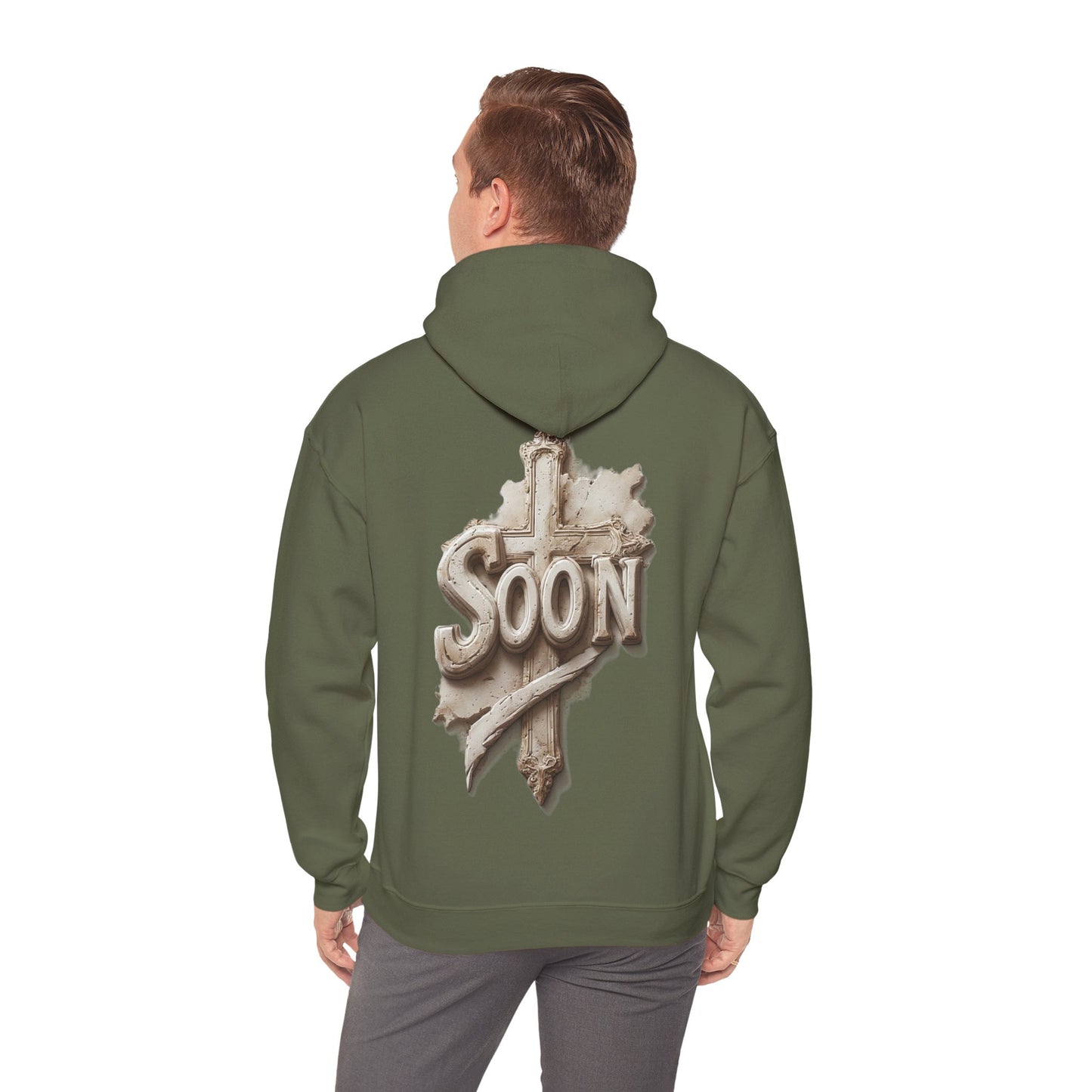 “Soon” Cross Men’s Hoodie – Back Print Faith Statement
