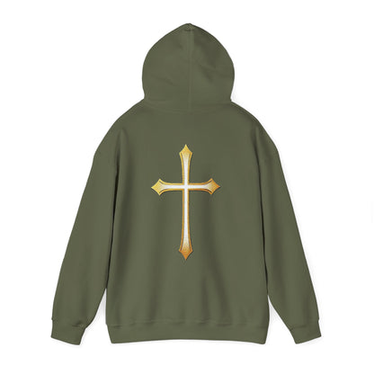 Men’s Gold Cross Hoodie – Bold Christian Faith Hoodie with Front & Back Design