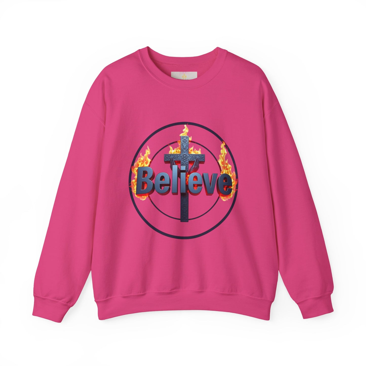 Women’s “Believe” Christian Sweatshirt – Bold Faith Statement Pullover with Cross