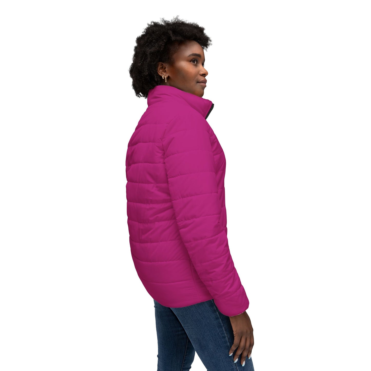 Blooming Faith Women’s Puffer Jacket in Fuchsia – Floral Cross Crest