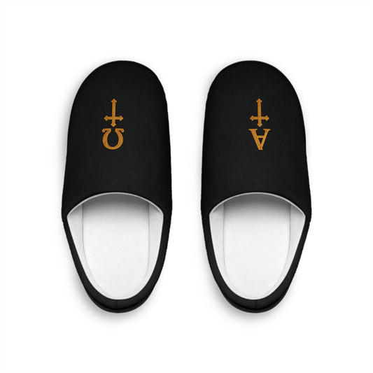 Her Alpha & Omega Slippers in Black – Faith-Inspired Cozy Footwear with Cross Design