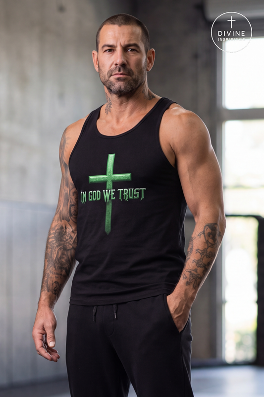 A muscular man wearing a black tank top with a green cross and the text 'IN GOD WE TRUST' on the front, standing in a gym setting. A circular 'DIVINE INSPIRINGS' logo is visible in the top right corner.