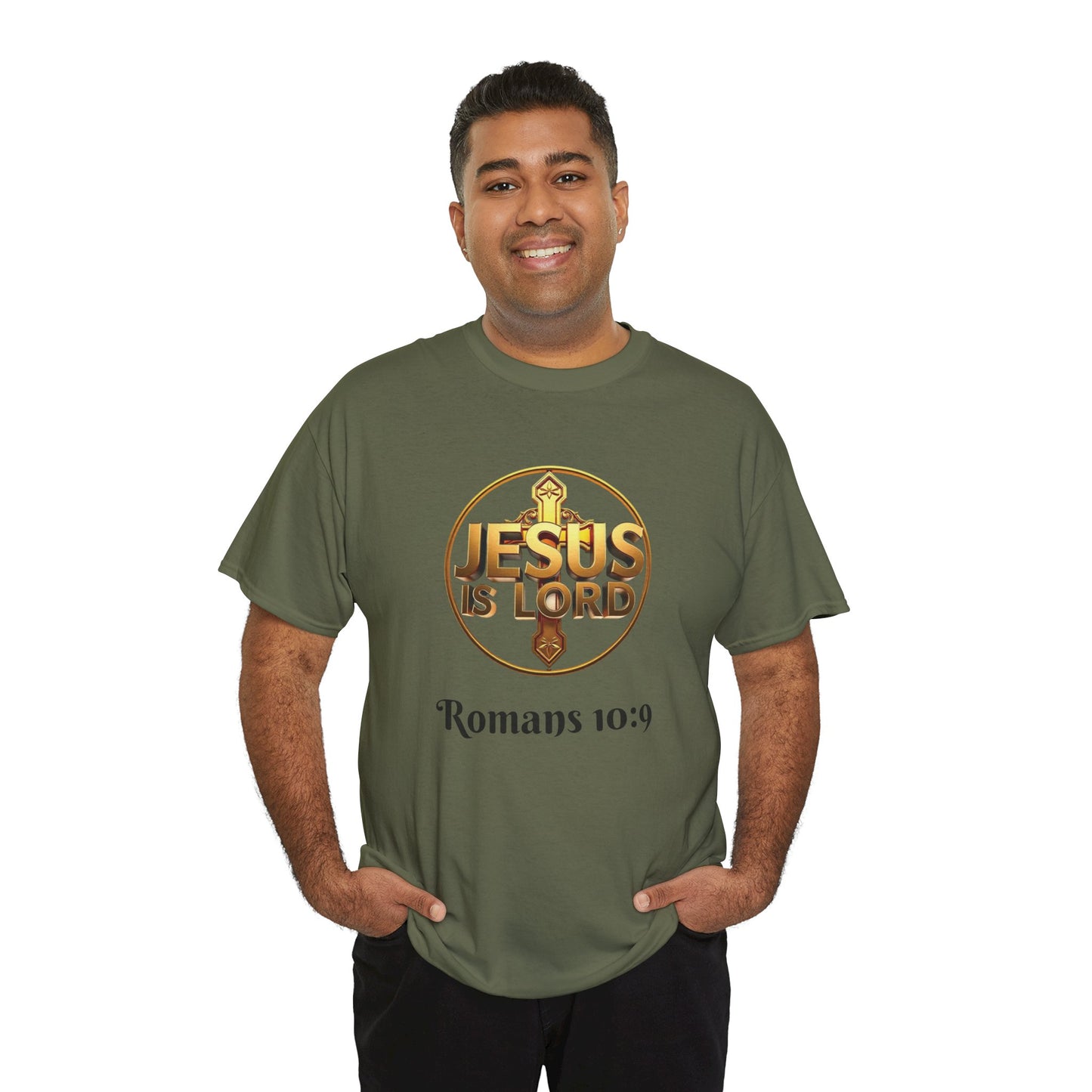 Men’s Romans 10:9 Christian T-Shirt – Jesus Is Lord & He Is Risen (Dark Lettering)