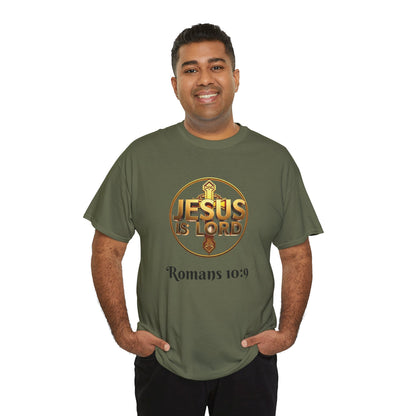 Men’s Romans 10:9 Christian T-Shirt – Jesus Is Lord & He Is Risen (Dark Lettering)