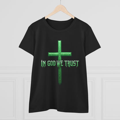 Faith Anchored – “In God We Trust” Women’s Christian Tee with Cross