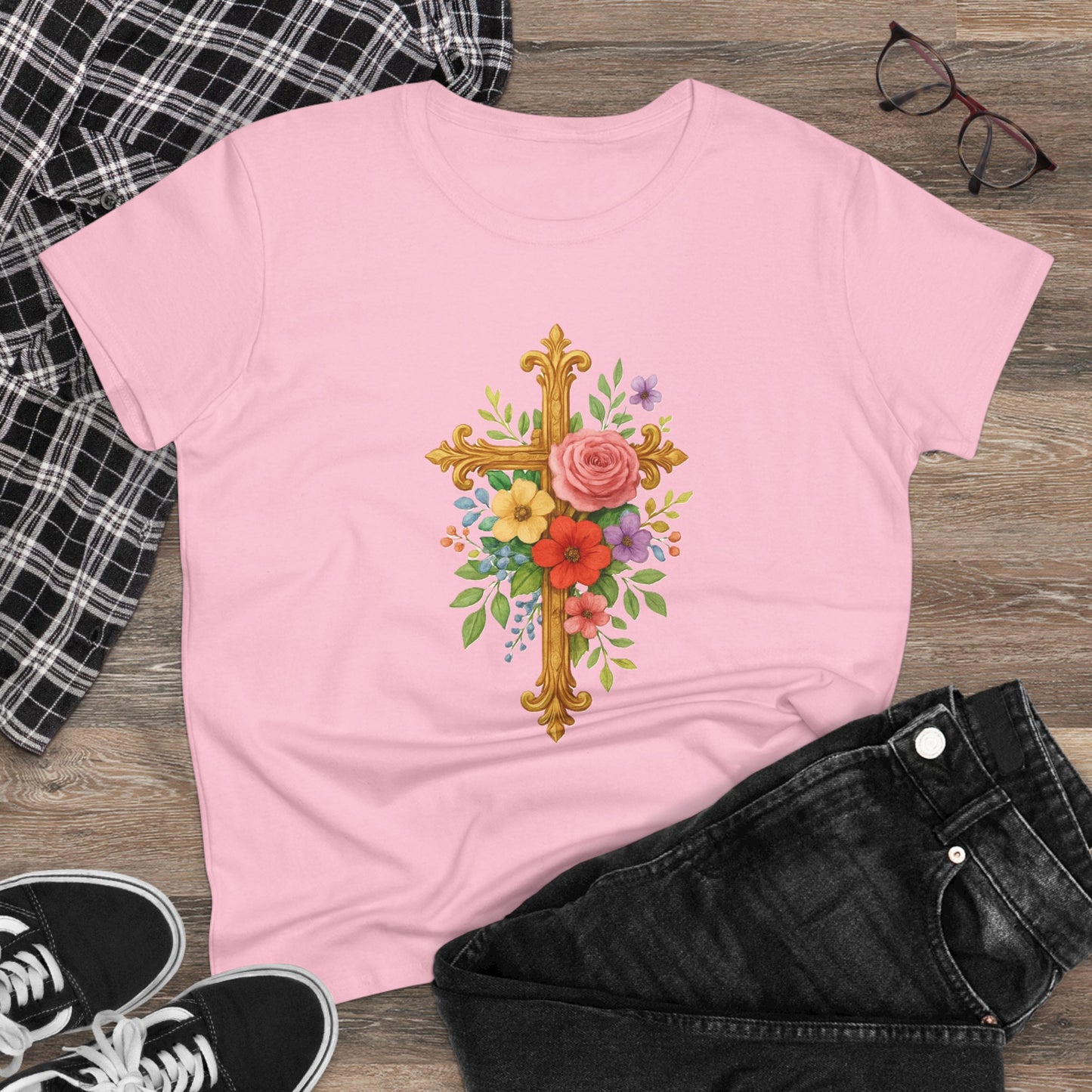 Radiant Floral Cross Women’s T-Shirt – Faith & Beauty in Bloom