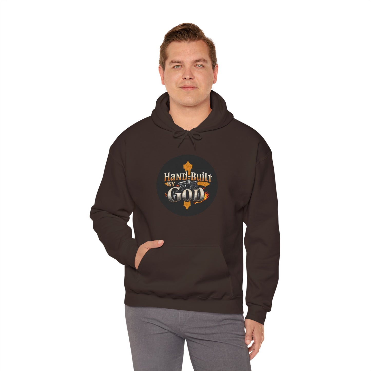 Hand Built by God Men’s Christian Hoodie – Cross & Engine Design