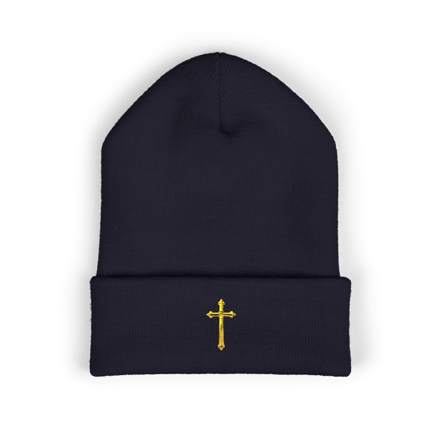 Golden Grace Cuffed Beanie – Embroidered Cross