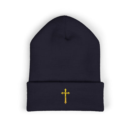 Golden Grace Cuffed Beanie – Embroidered Cross