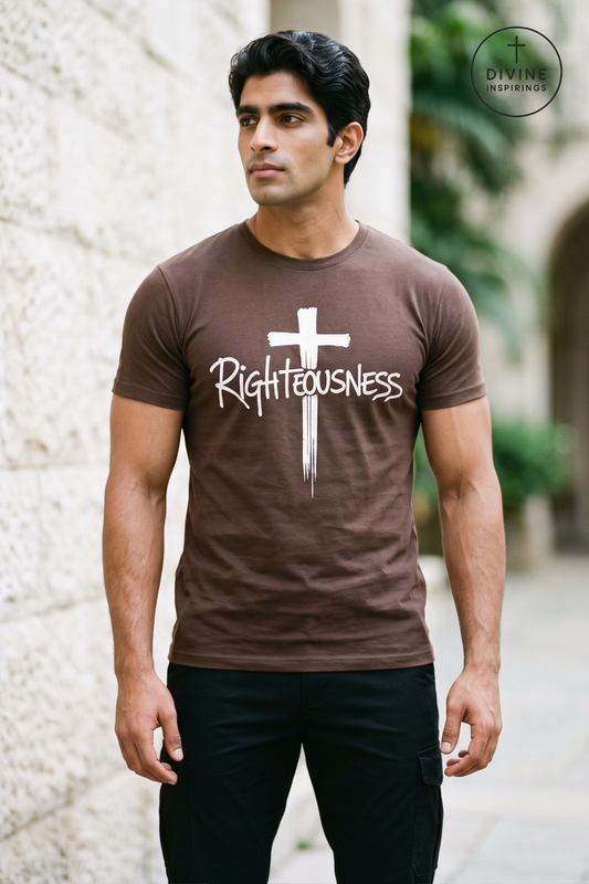 A man wearing a brown t-shirt with a white cross and the word 'Righteousness' printed on the front, standing outdoors against a light stone wall.