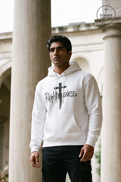 A man wearing a white pullover hoodie with a black cross and the word 'Righteousness' printed on the front, standing in front of classical stone columns. The Divine Inspirings brand logo is visible in the top right corner.