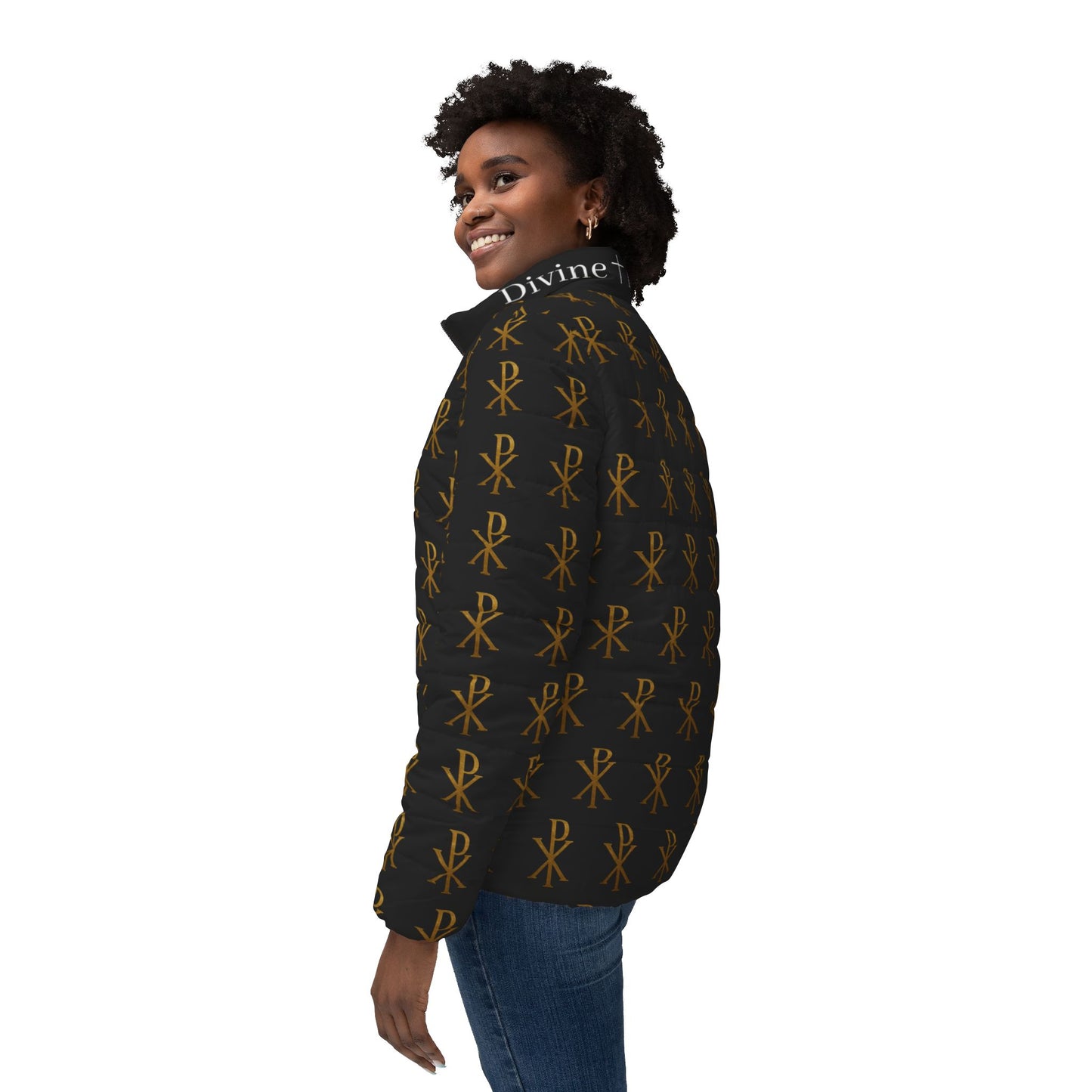 Radiant Victory Women’s Puffer Jacket in Black – Gold Chi Rho Pattern