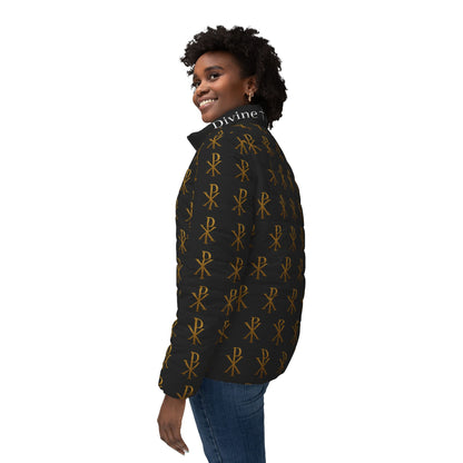 Radiant Victory Women’s Puffer Jacket in Black – Gold Chi Rho Pattern