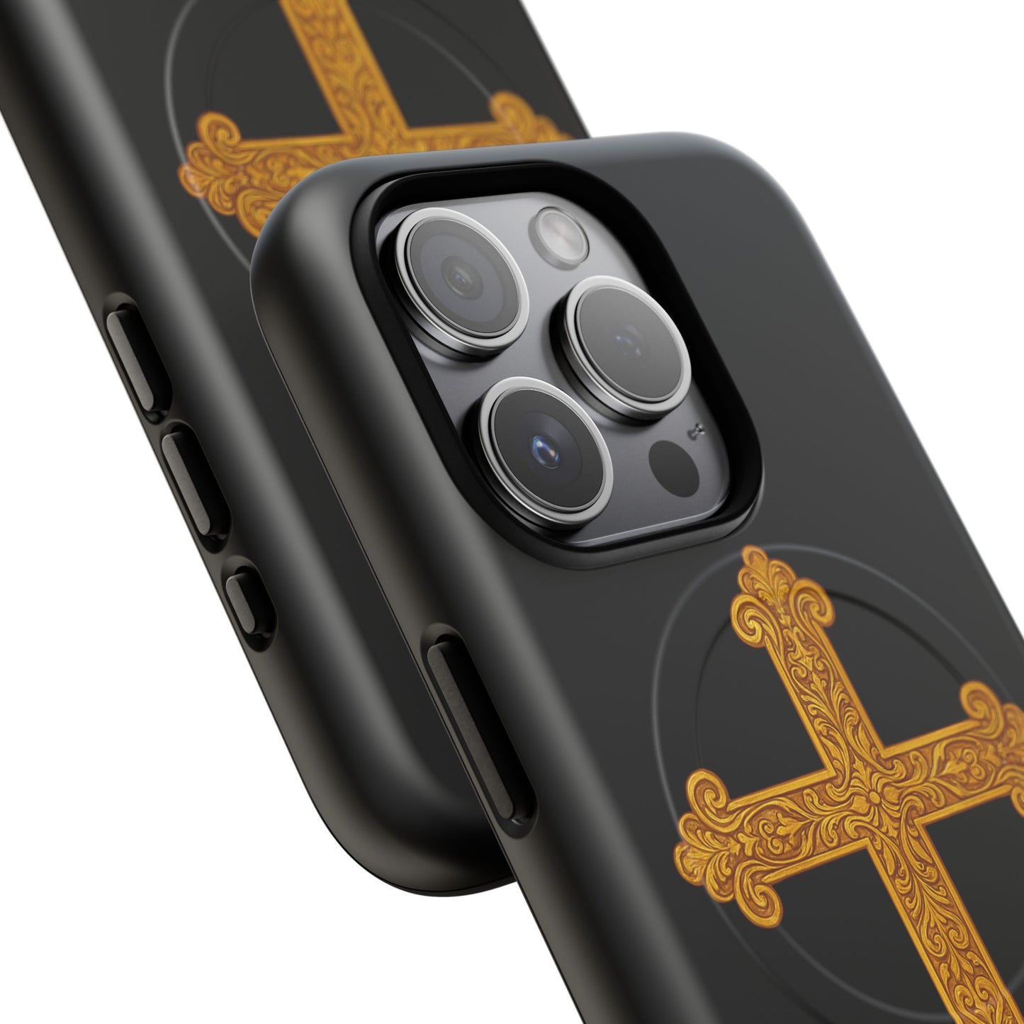 Gold Cross on Black Magnetic Tough Case for iPhone – Strength in Faith