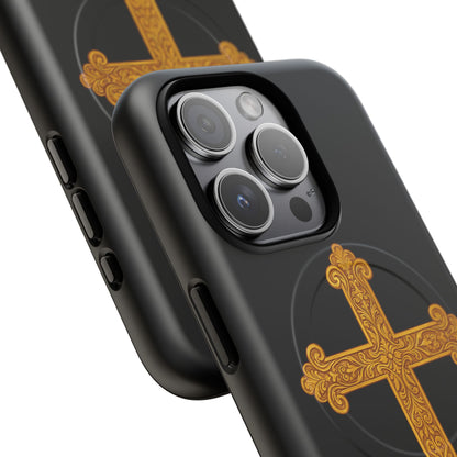 Gold Cross on Black Magnetic Tough Case for iPhone – Strength in Faith