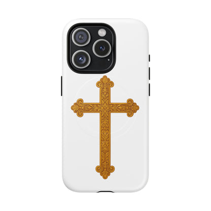 Gold Cross on White Magnetic Tough Case for iPhone – Strength in Faith