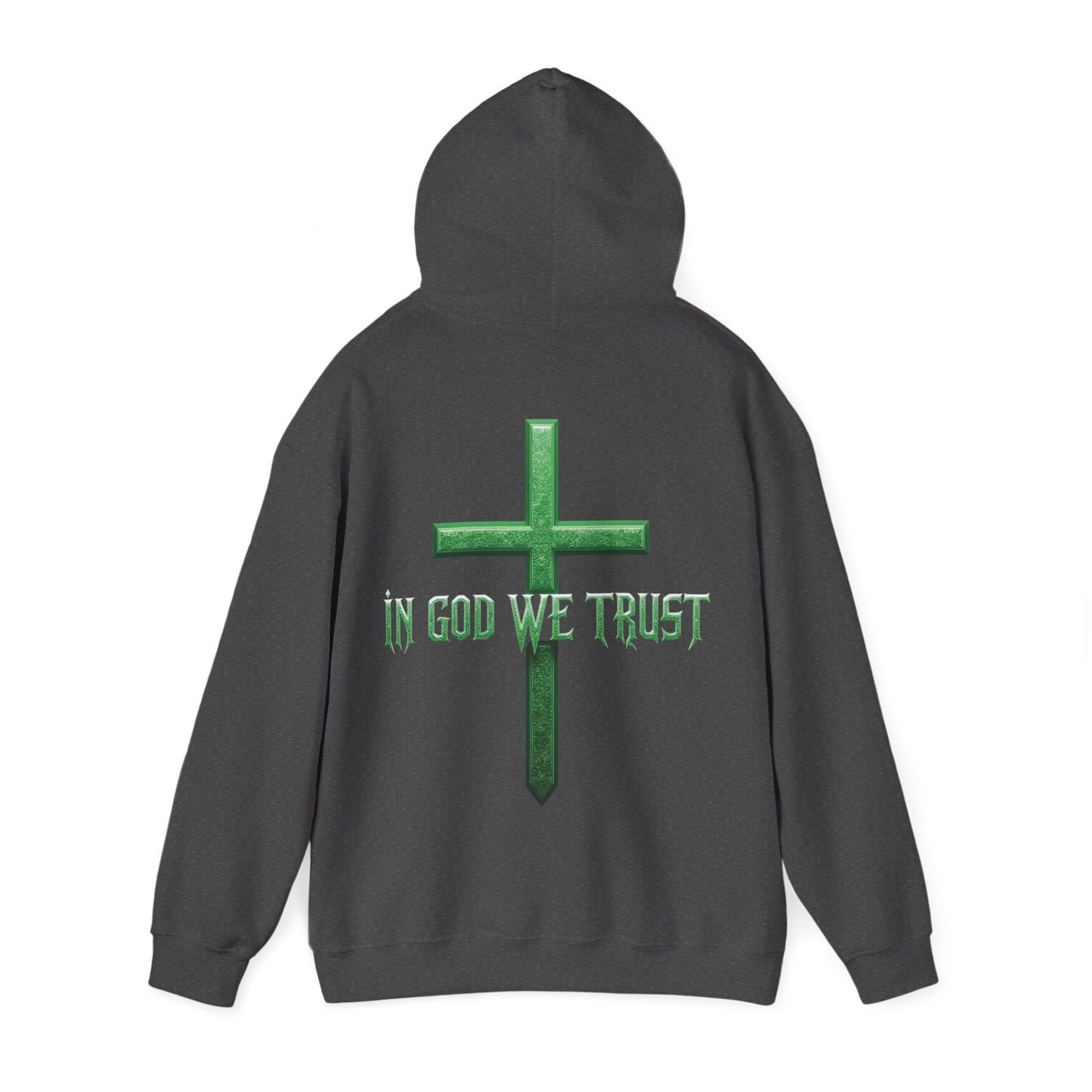 Sheltered in His Strength – Women’s “In God We Trust” Christian Hoodie with Cross